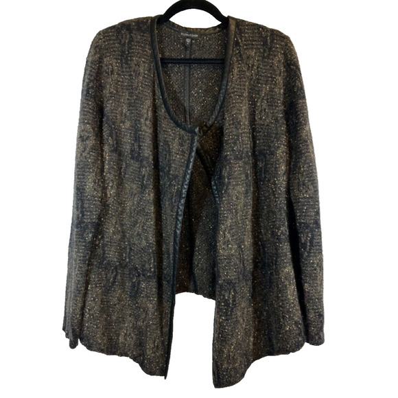 Eileen Fisher Cardigan M Sweater Black Gold Mohair Blend Leather Trim Open C5 - Picture 1 of 6